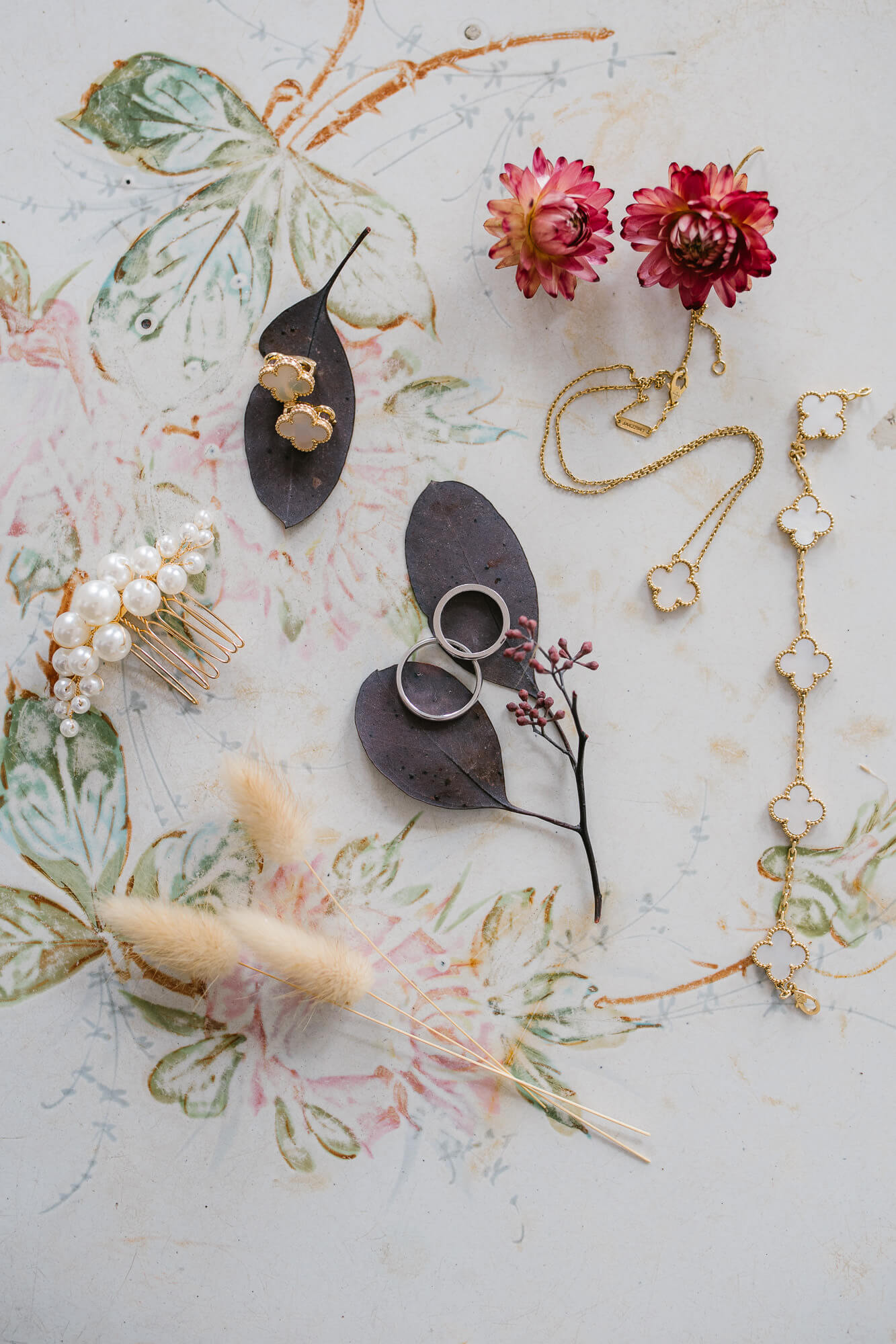 Bridal jewellery among dried flowers