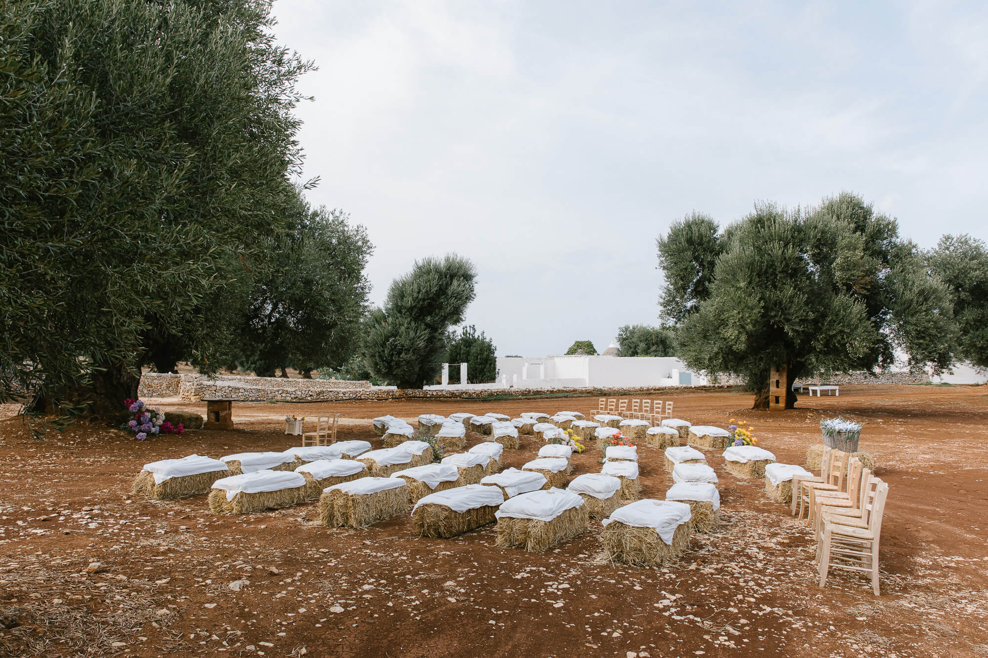 Outdoor wedding ceremony set up in the olive grove at Masseria Mozzone