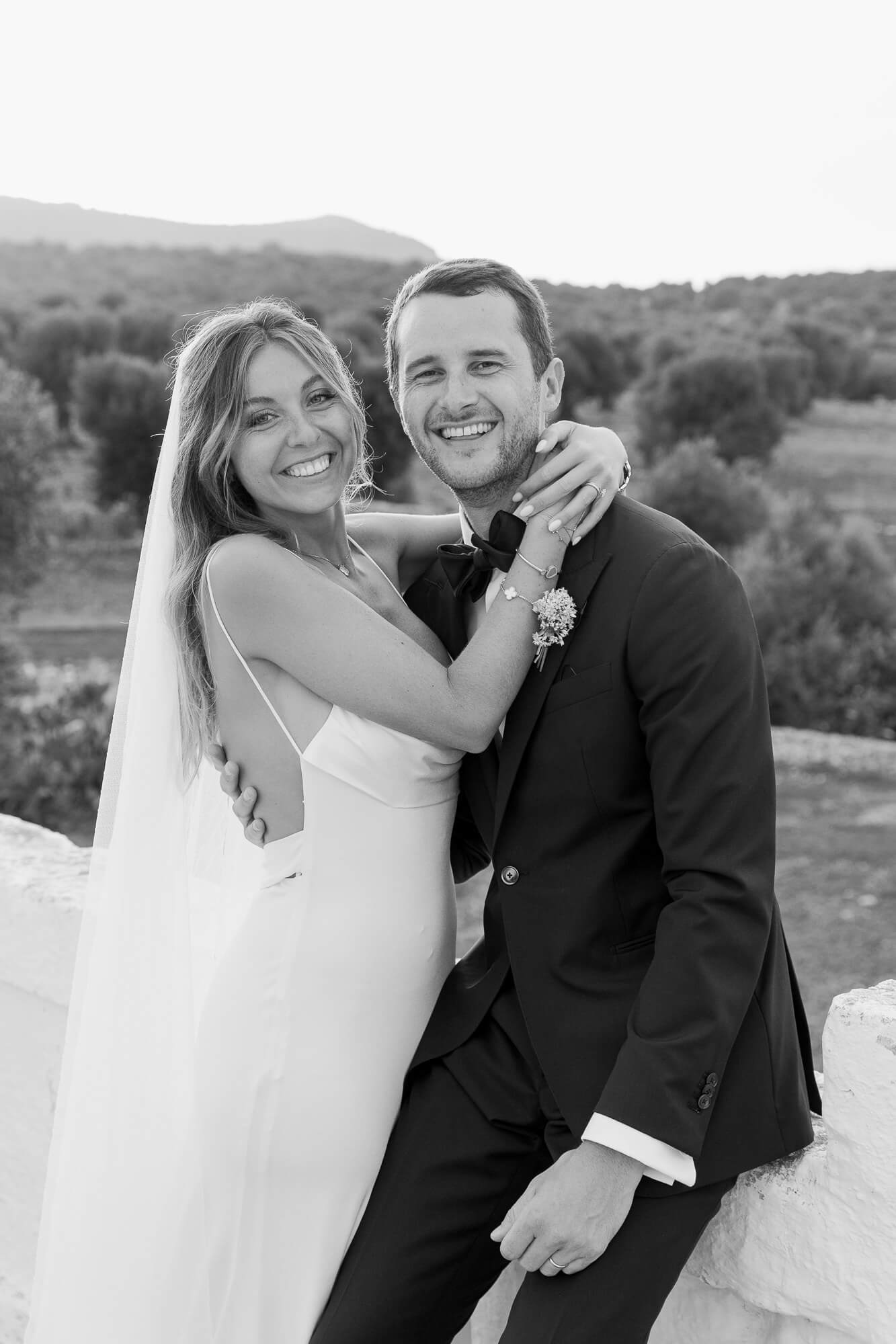 Black and white couple portrait on the masseria terrace