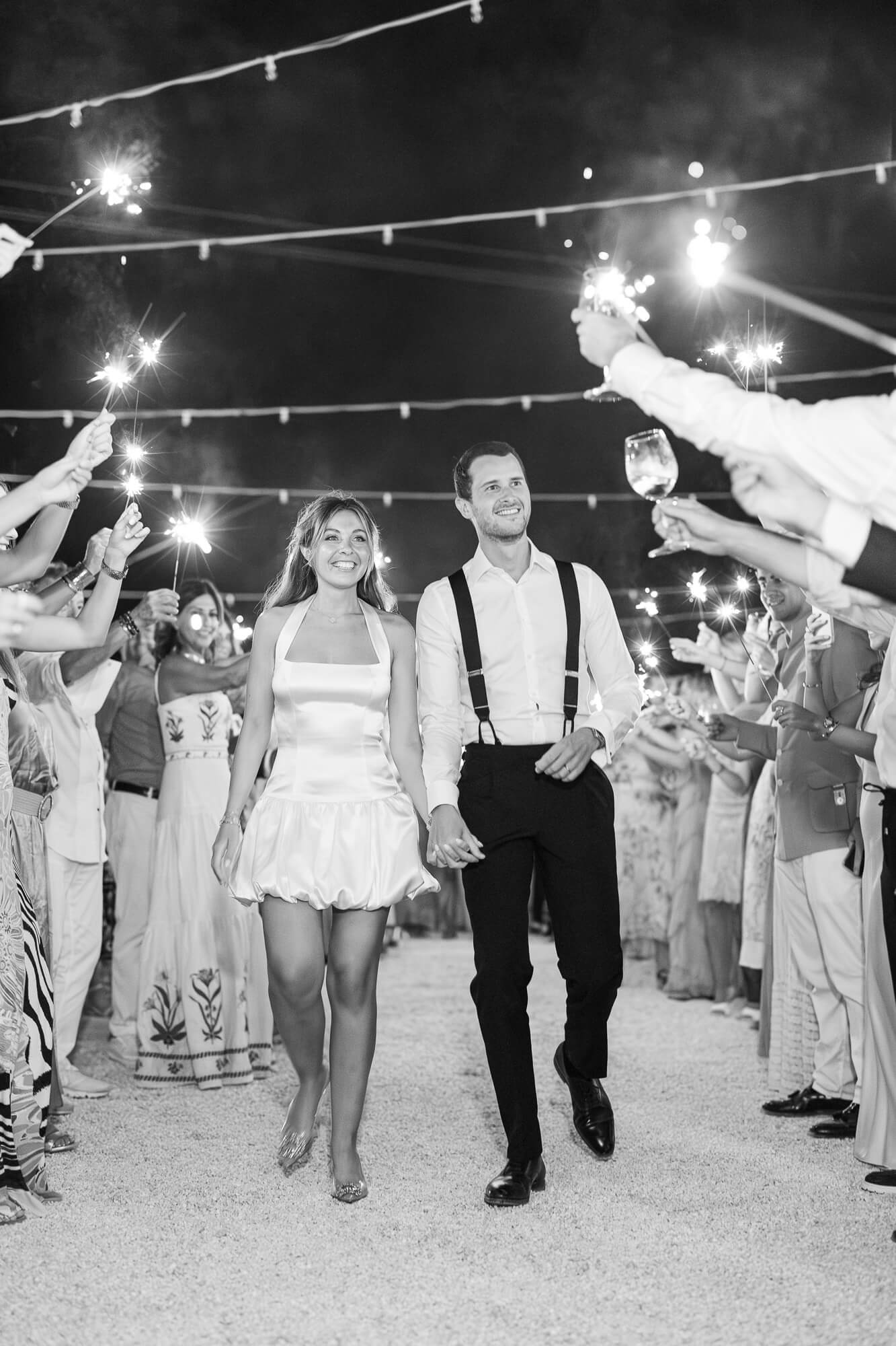 Sparkler send-off in black and white at Masseria Mozzone